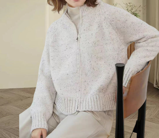 Damen lässiger Strickjacke mit hochgeschlossenem Reißverschluss und voluminösen Ärmeln EB