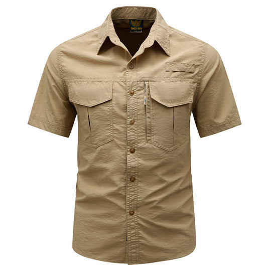 Men's  tactical short sleeve button shirt with dual flap chest pockets and discreet zip utility pocket EB