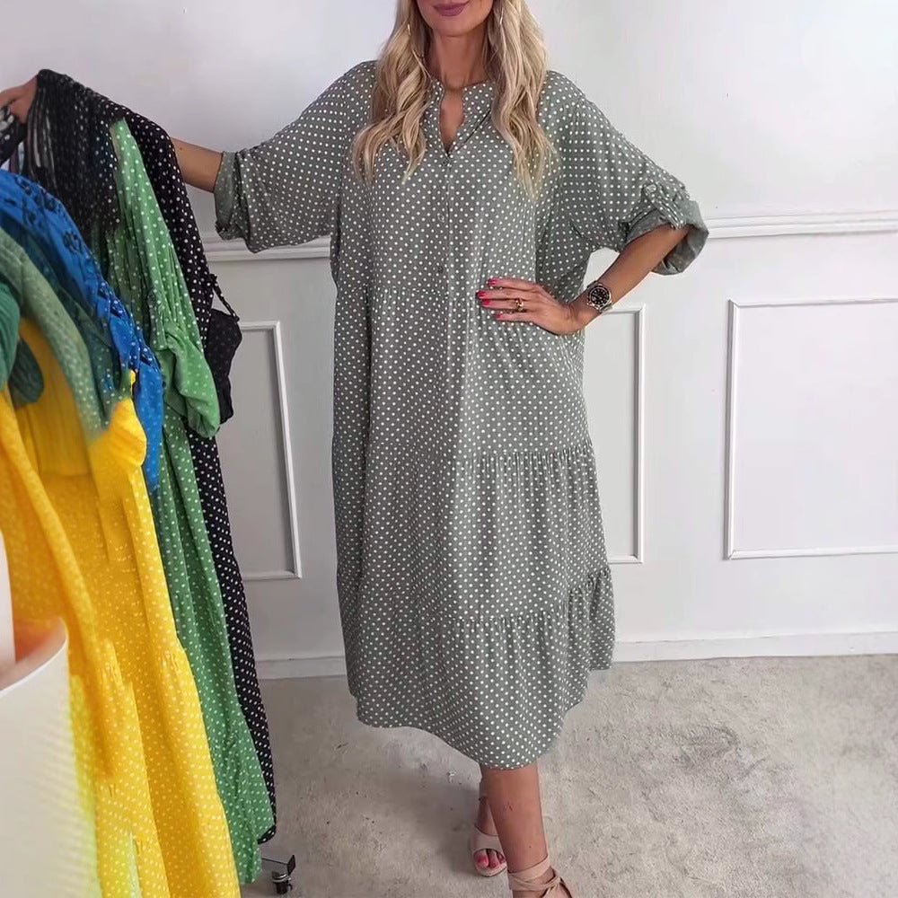 Damen nan lässiges Stufenmidikleid mit Stehkragen, verdeckter Knopfleiste und dreiviertelärmeln EB