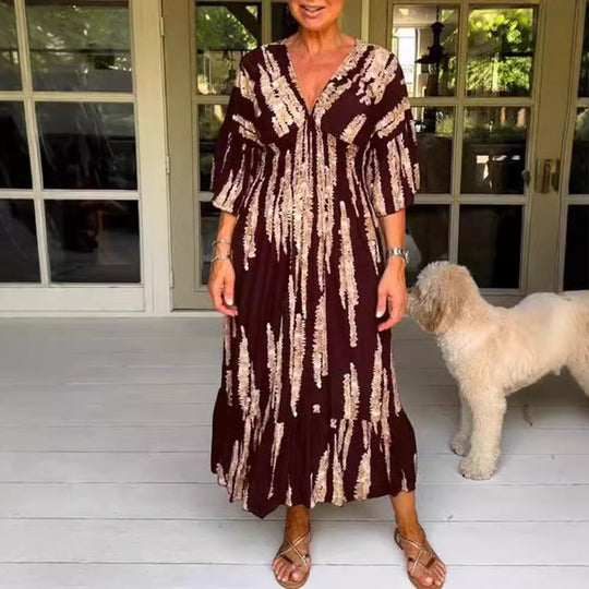 Damen nan Maxikleid mit V-Ausschnitt, vertikalem Pinselprint, geraffter Unterbrustnaht und stufigem Volantrock EB