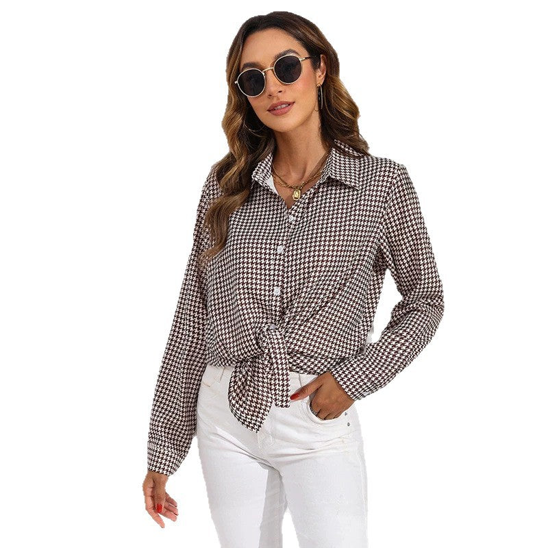 Damen nan geknotete Hahnentritt-Bluse mit Hemdkragen und durchgehender Knopfleiste EB