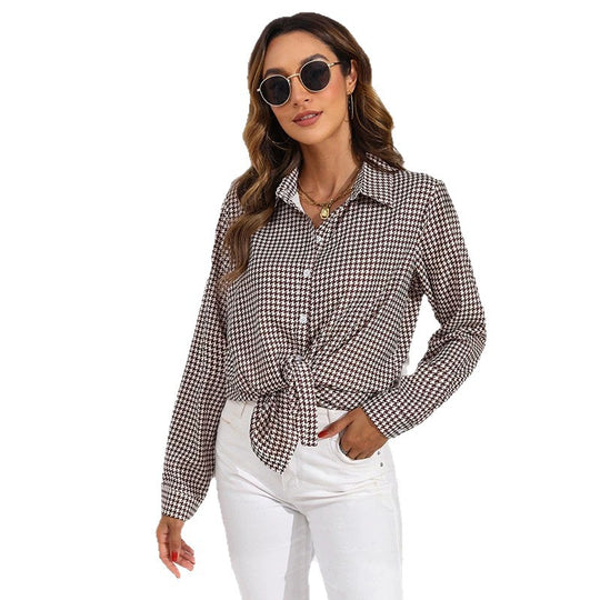 Damen nan geknotete Hahnentritt-Bluse mit Hemdkragen und durchgehender Knopfleiste EB