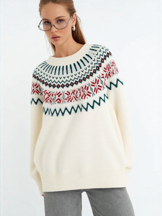 Damen Strickpullover mit festlichem Norweger-Motiv und weitem Schnitt EB