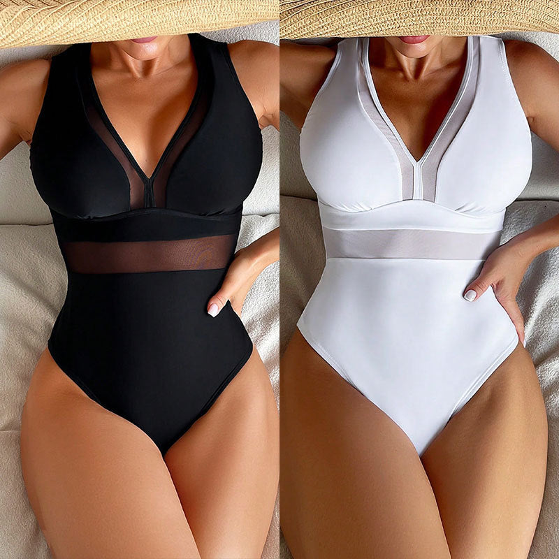Damen Einteiliger Badeanzug mit tiefem V-Ausschnitt und figurformendem Design EB