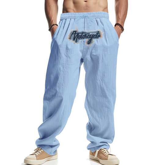 Herren Locker sitzende Leinenoptik-Relaxhose mit elastischem Bund, Kordelzug & Frontprint EB