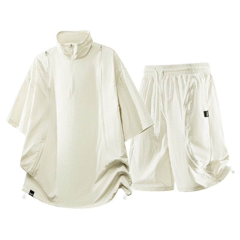 Herren nan oversized sportliches Freizeit-Set mit Halbzip, Stehkragen und elastischen Cargo-Shorts EB
