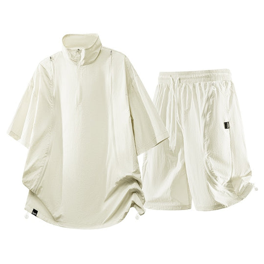 Herren nan oversized sportliches Freizeit-Set mit Halbzip, Stehkragen und elastischen Cargo-Shorts EB