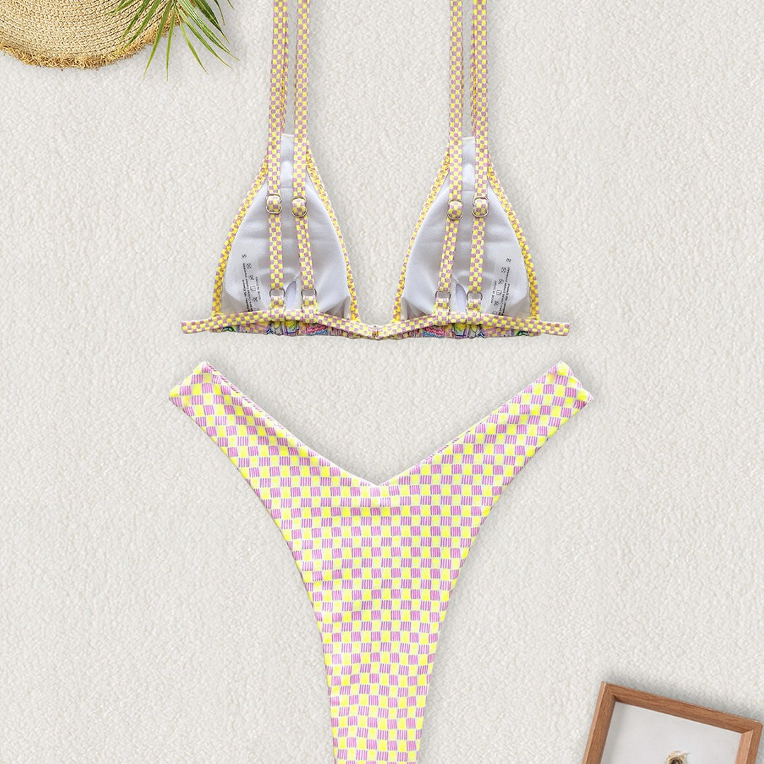 Damen Triangel-Bikini mit buntem Patchwork-Muster EB