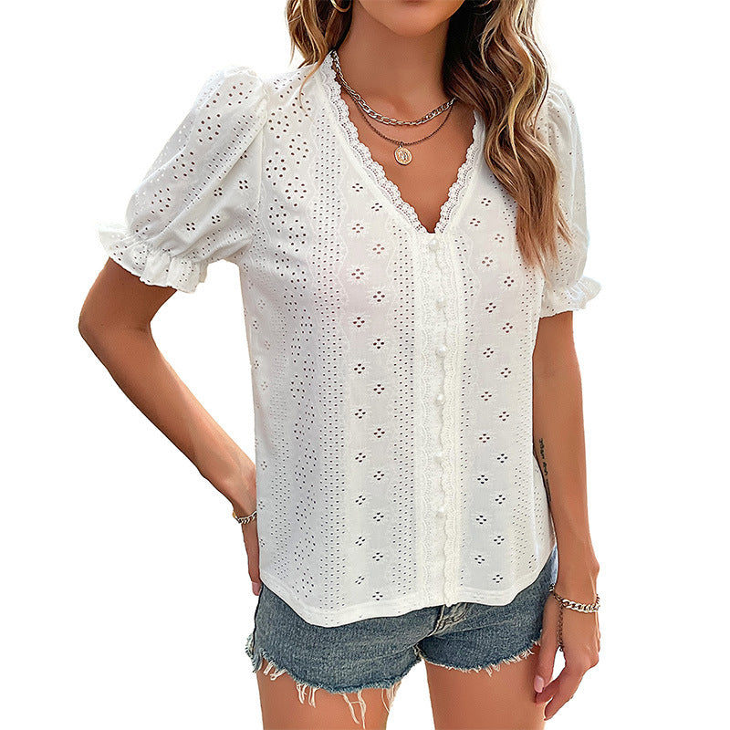 Damen Bluse mit zarter Stickerei und modernen Puffärmeln EB