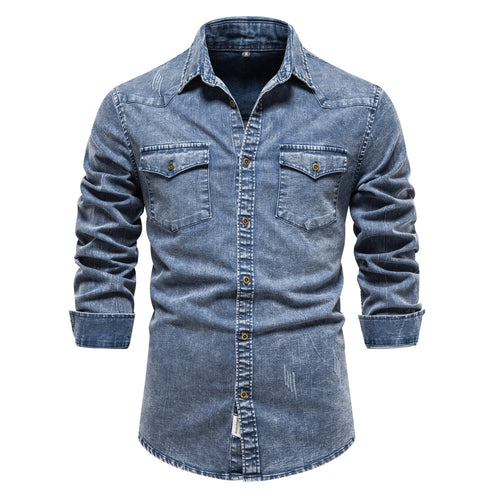 Herren Denim Hemdbluse mit zwei Brusttaschen und geschmackvollen Stickereien EB