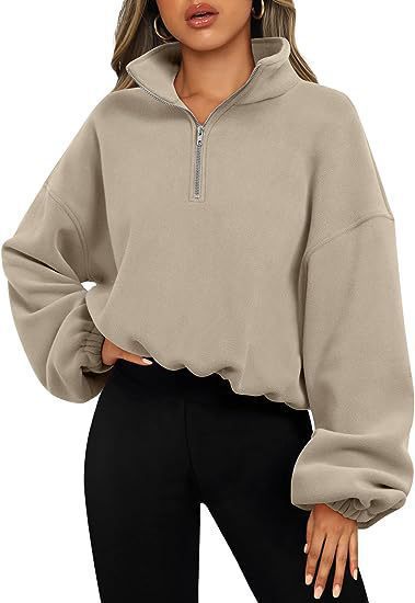 Damen nan kurz geschnittenes Halbzip-Sweatshirt mit hohem Stehkragen, Ballonärmeln und elastischem Saum EB