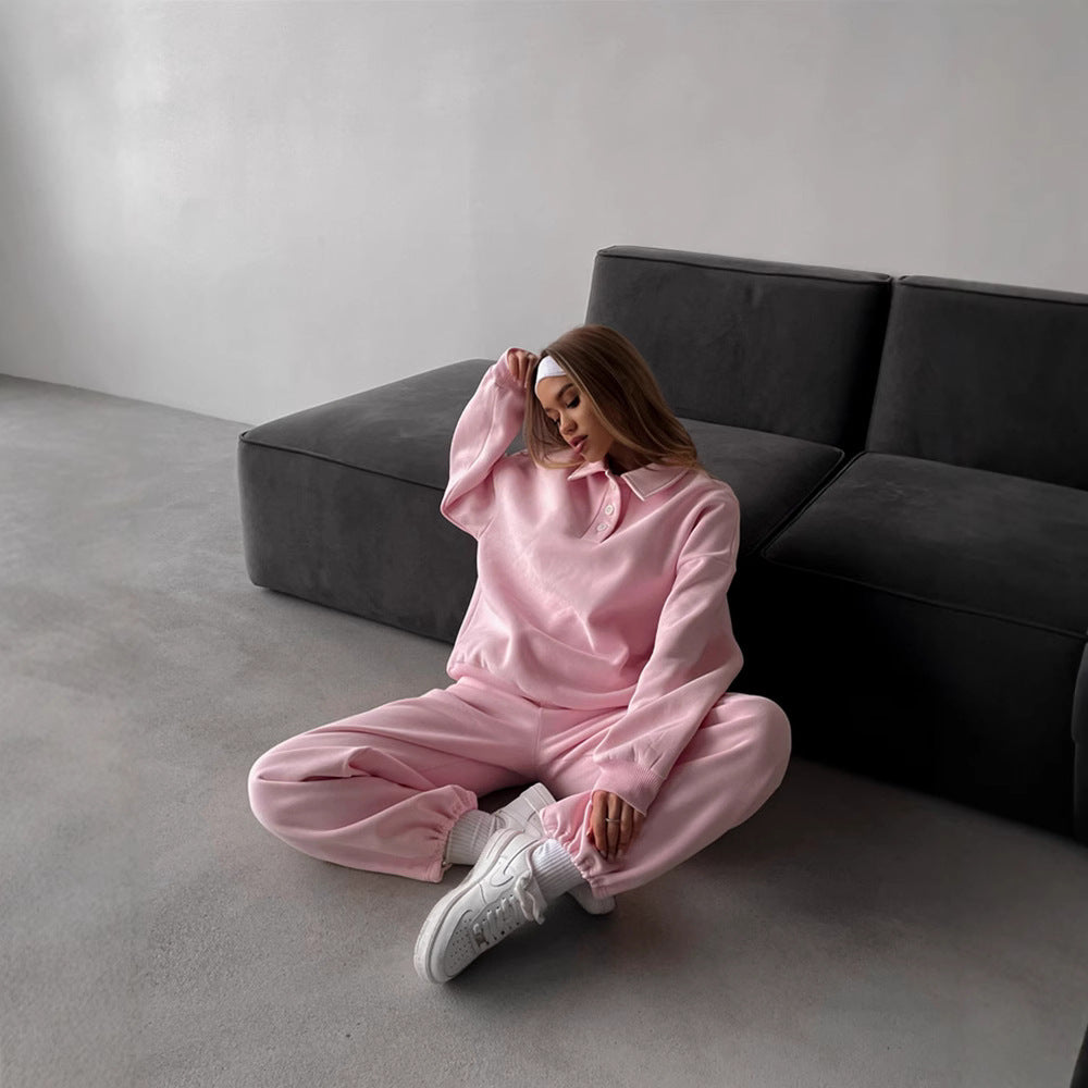Damen Casual-Set aus schwerem French-Terry mit Polokragen-Cropped-Sweater und weitem High-Waist-Sweathose EB