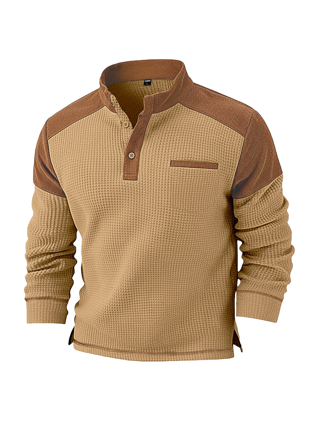 Herren nan Waffelstrick-Henley mit Stehkragen, Cord-Schulterpasse und Brustpaspel EB