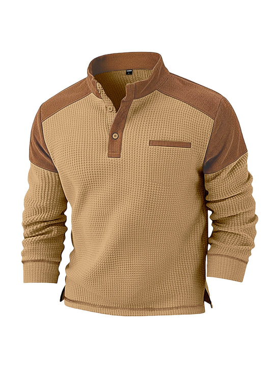 Herren nan Waffelstrick-Henley mit Stehkragen, Cord-Schulterpasse und Brustpaspel EB