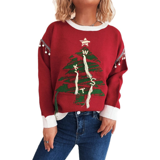 Damen Weihnachts-Pullover mit festlichem Baum-Motiv und edlen Details EB