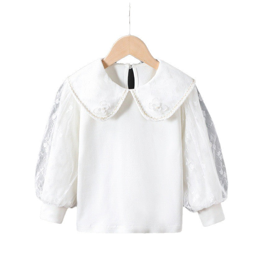 Damen Bluse mit dekorativen Blumenapplikationen und transparenten Puffärmeln EB
