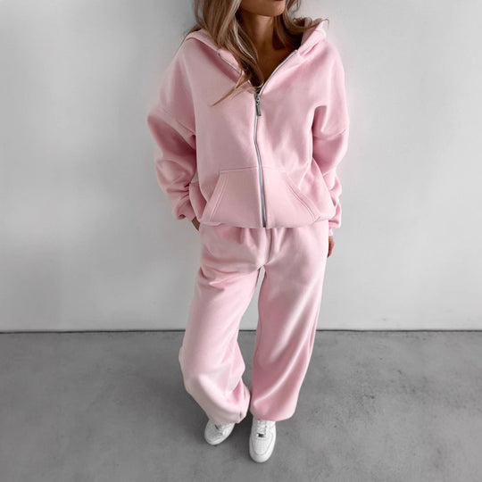Damen Loungewear-Set EB: Oversized Zip-Hoodie mit Kapuze und weiter High-Waist Sweatpant aus Soft-Fleece