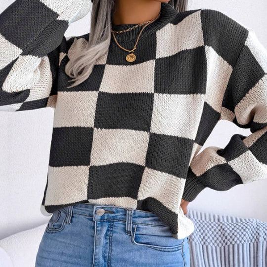 Damen Gemusterter Strickpullover mit Karomuster und modischem Rundhalsausschnitt EB