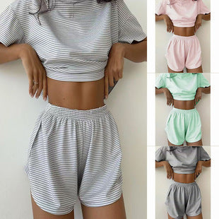 Damen lässiges Crop-Top und Short-Set mit gestreiftem Muster EB