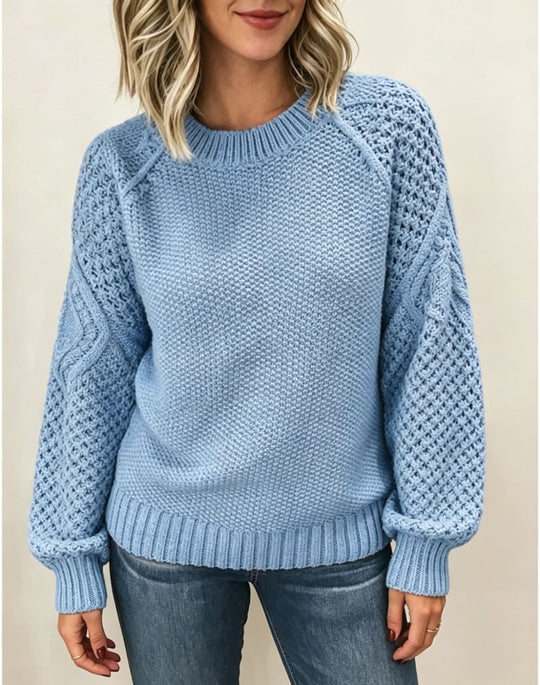 Damen Grobgestrickter Rundhals-Pullover mit Ajour- und Zopfmusterärmeln EB