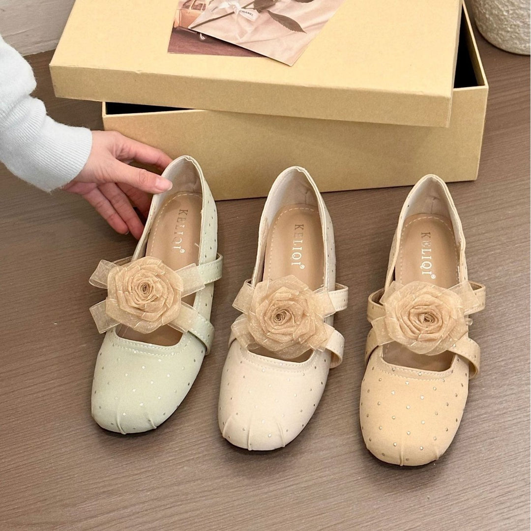 Damen elegante Ballerinas mit dekorativen Blütenapplikationen EB