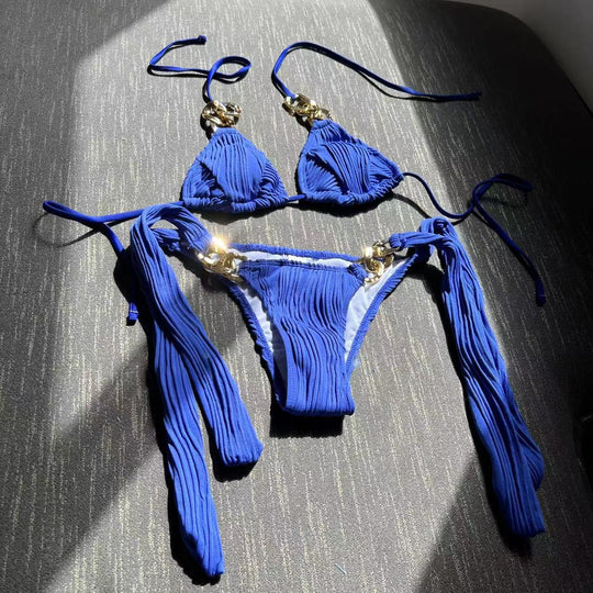 Damen Triangel-Bikini mit plissierten Details und goldenen Akzenten EB