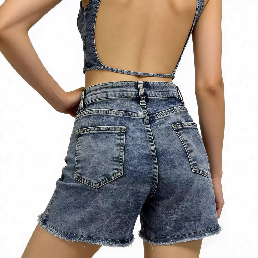 Damen modische Denim-Shorts im lässigen Schnitt mit fransigem Saum EB