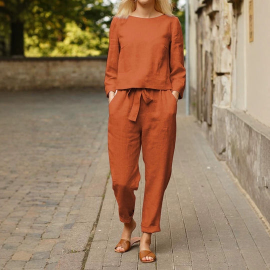 Damen Lässiges Leinen-Loungewear-Set mit Rundhalsausschnitt, Bindegürtel und knöchellanger Hose EB