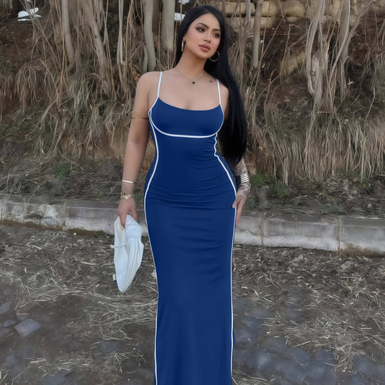 Damen elegantes Maxikleid mit schmalen Trägern und figurformendem Schnitt EB