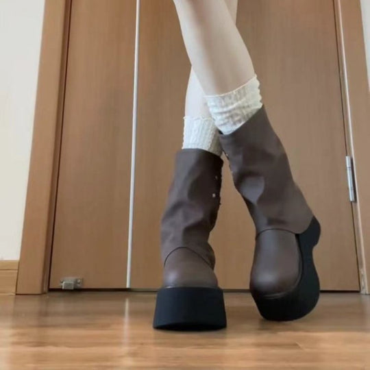 Damen Modische Plateau-Stiefel mit coolem Riemen-Design und innovativer Reißverschlussöffnung EB