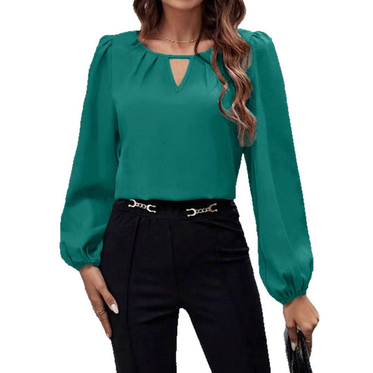 Damen elegante Bluse mit modischem Schlüsselausschnitt und raffinierten Puffärmeln EB