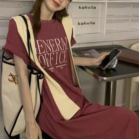 Damen Casual T-Shirt Kleid mit kreativem Schriftzug EB