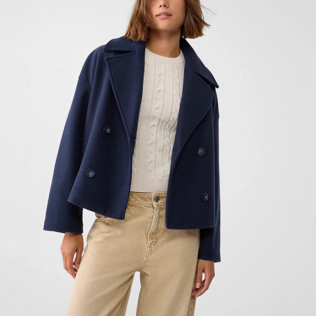 Damen nan kurz geschnittener Zweireiher Wollmix-Peacoat mit überbreitem Revers und kastiger Silhouette EB