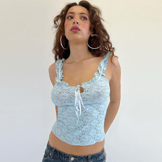 Damen Spitzenoberteil mit Rüschendetails und Bindegürtel EB