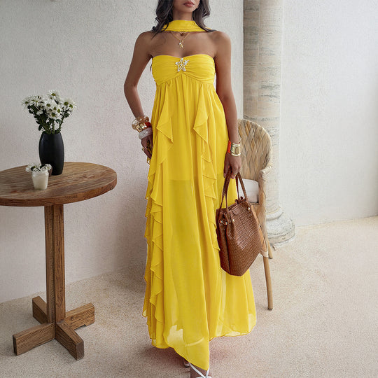 Damen Maxikleid mit schwingendem Rüschendesign und elegantem Bustier EB