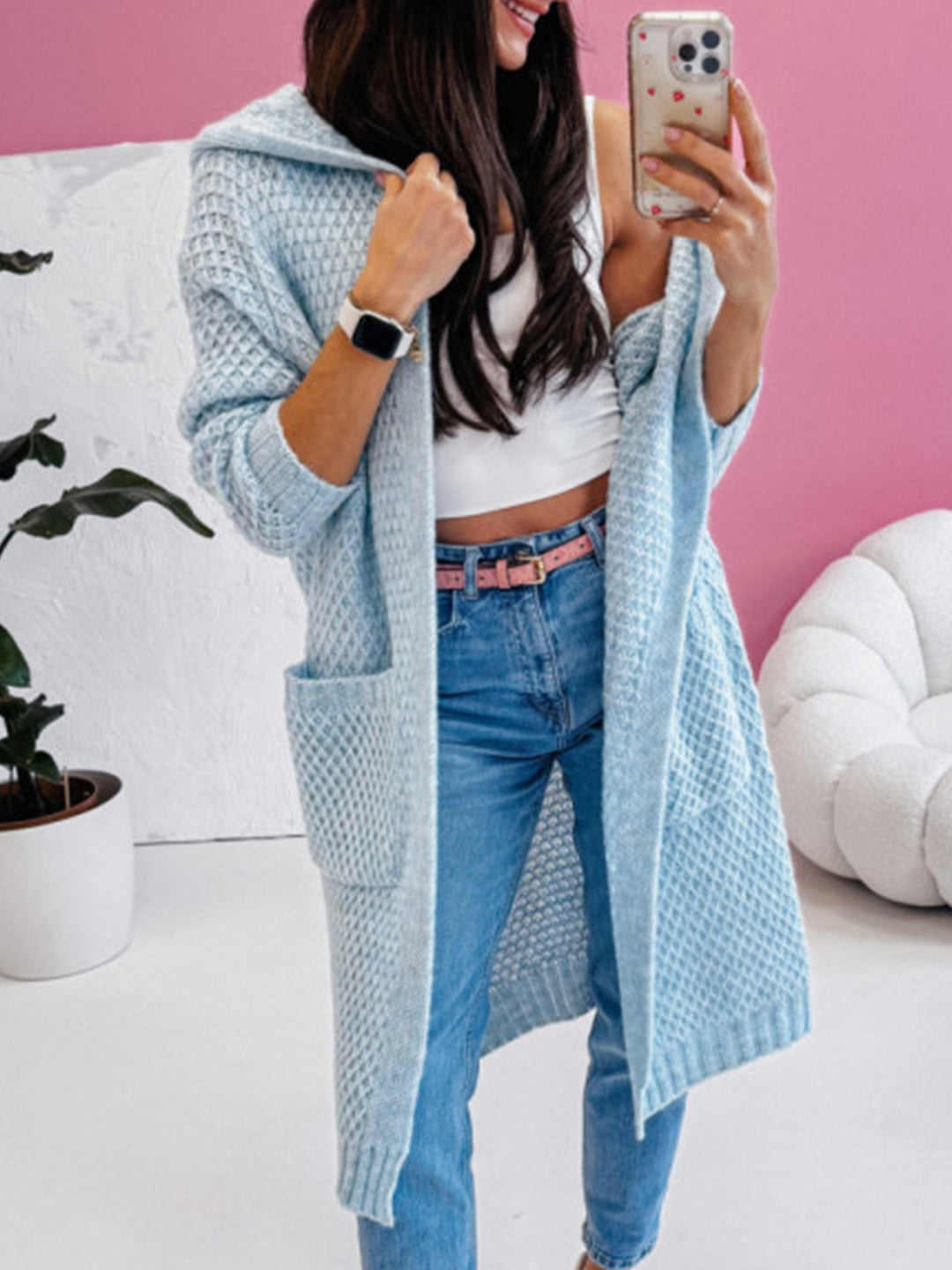 Damen Strickmantel mit luftiger Maschenstruktur und praktischen Taschen EB