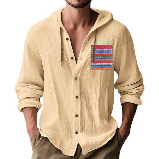 Herren nan leichte Kapuzenhemdjacke aus strukturierter Baumwollmischung mit Ethno‑Brusttasche und Knopfleiste EB