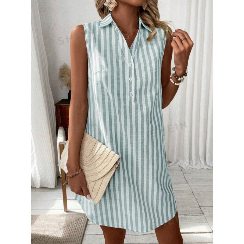 Damen lässiges Hemdkleid mit Knopfdetails und Streifenmuster EB