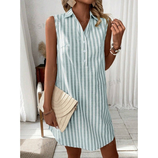 Damen lässiges Hemdkleid mit Knopfdetails und Streifenmuster EB