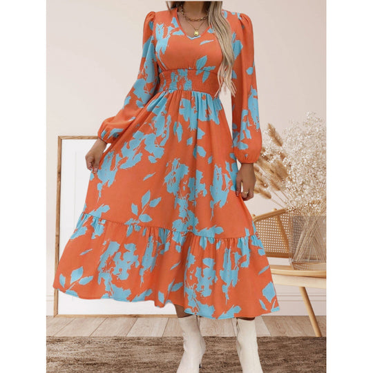 Damen Langarm Maxikleid mit floralen Mustern und voluminösen Ärmeln EB