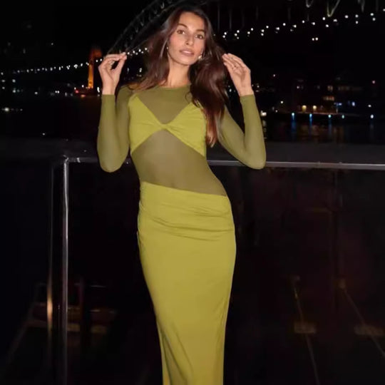 Damen Elegantes Maxikleid mit transparenten Einsätzen und Raffung EB