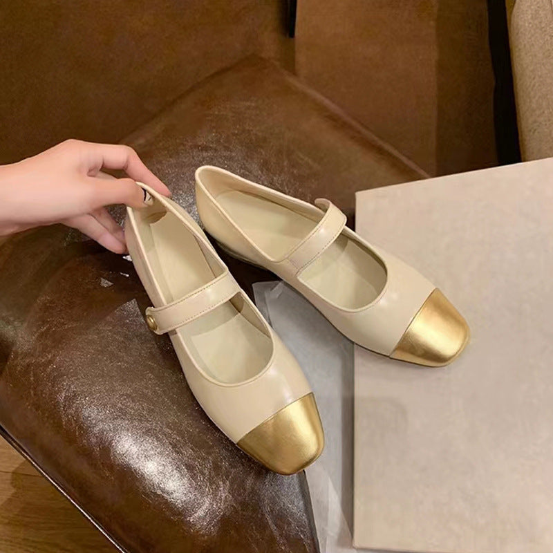 Damen Ballerinas mit elegantem Riemchen und goldener Zehenkappe EB