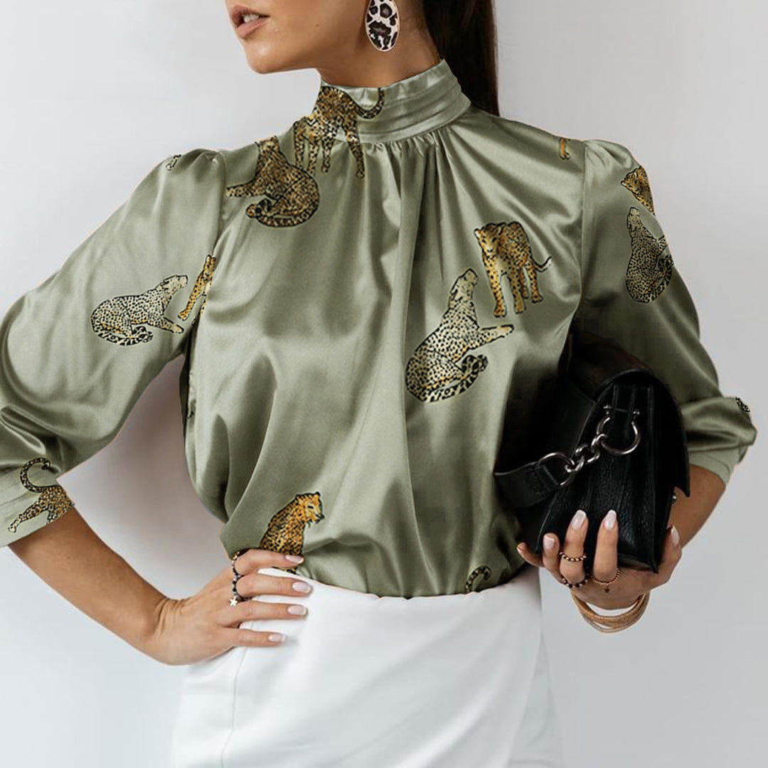 Damen Hochgeschlossenes Satinblusenshirt mit Stehkragen und Animal‑Print EB