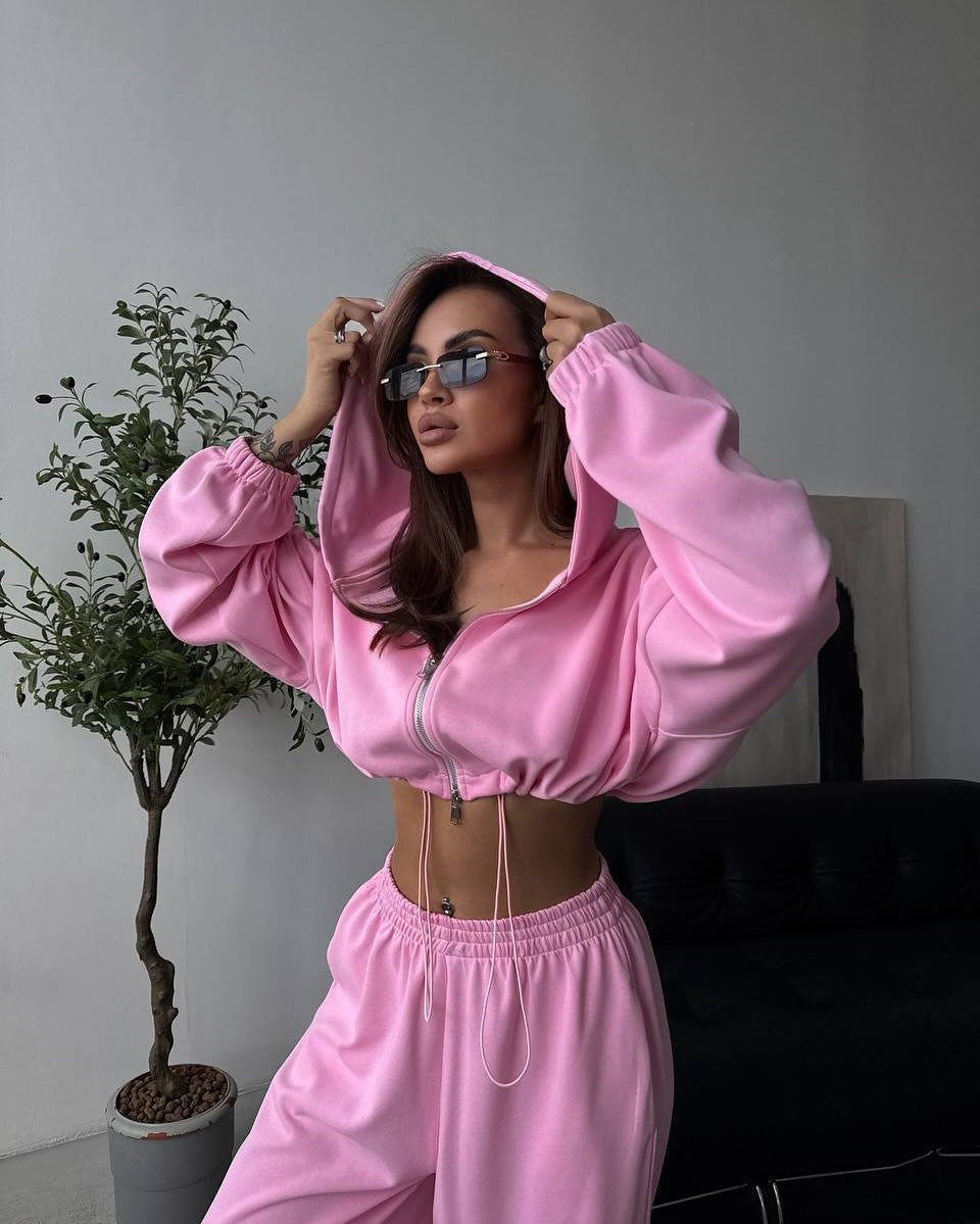Damen nan kurzes Reißverschluss-Cropped-Hoodie und weitgeschnittene Highwaist-Loungehose Set EB
