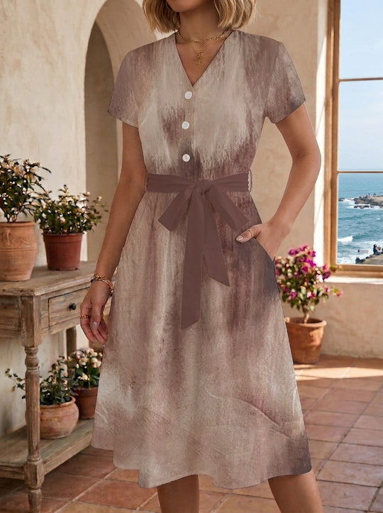 Damen Blühendes Midikleid mit taillierbarem Gürtel und kunstvollem Print EB