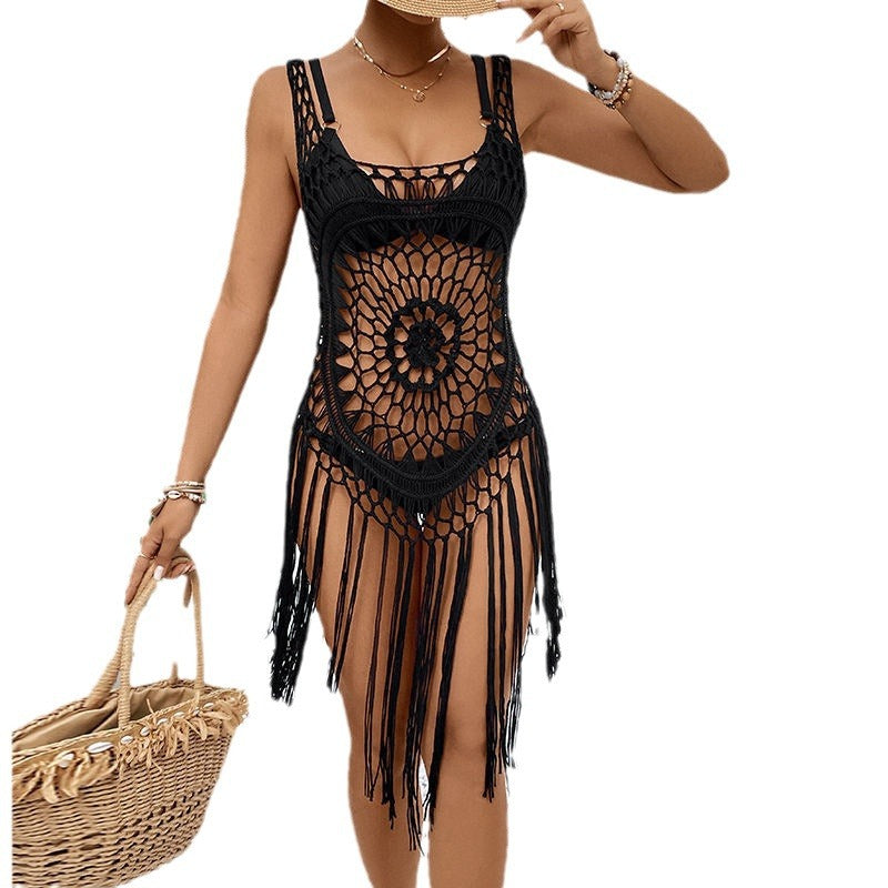 Damen Häkel-Strandüberwurf mit fransigem Muster EB