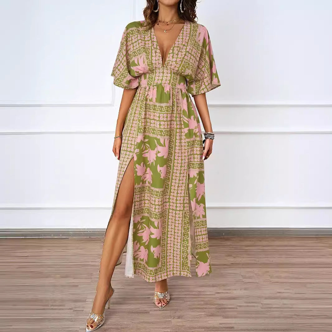 Damen Maxikleid im Boho-Stil mit tiefem V-Ausschnitt und seitlichem Schlitz EB