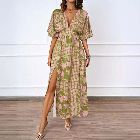 Damen Maxikleid im Boho-Stil mit tiefem V-Ausschnitt und seitlichem Schlitz EB