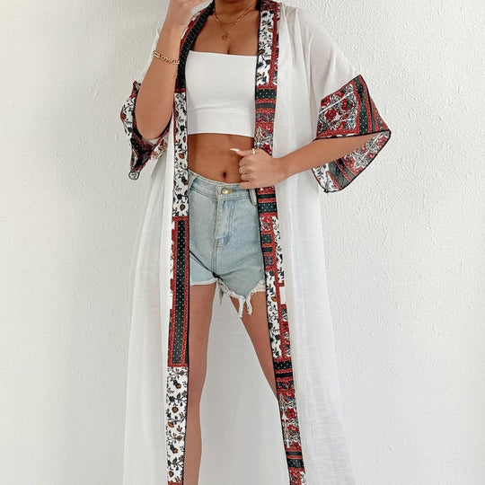 Damen eleganter, leichter Kaftan mit buntem Häkelbesatz EB