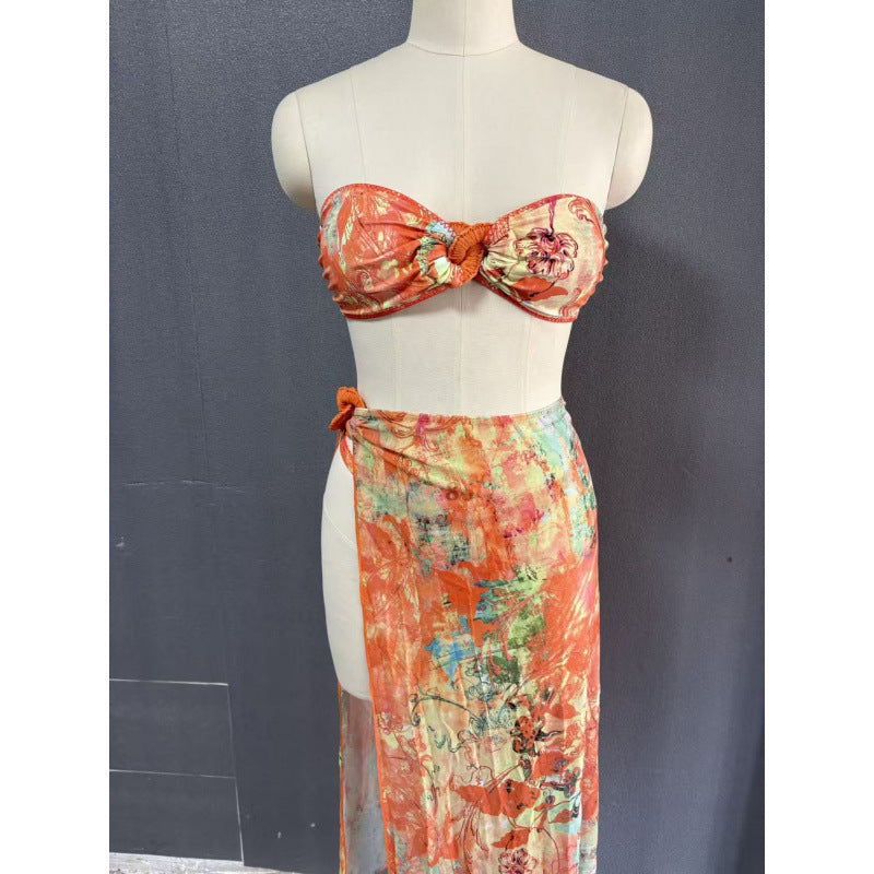 Damen Strandkleid mit floralem Wickeldetail und raffiniertem Bindeband EB